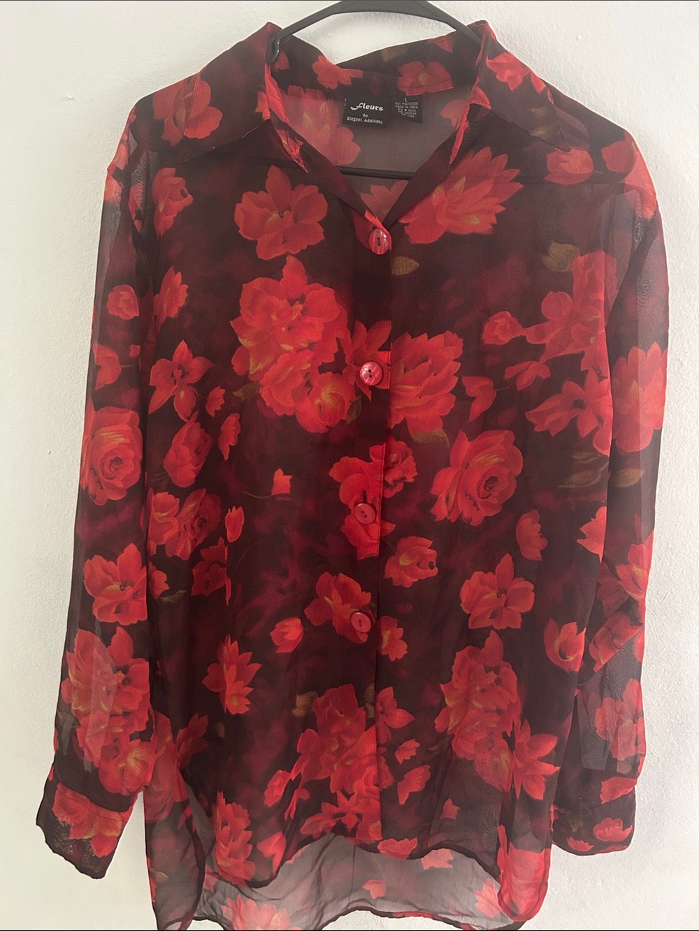 Avenue Black Sheer Button-Down Shirt with Red Floral Print
